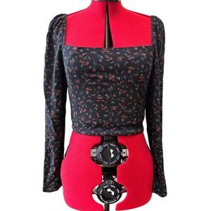 NWTO OAK‎ + FORT Small Black Floral Smocked milk maid crop top milkmaid coquette